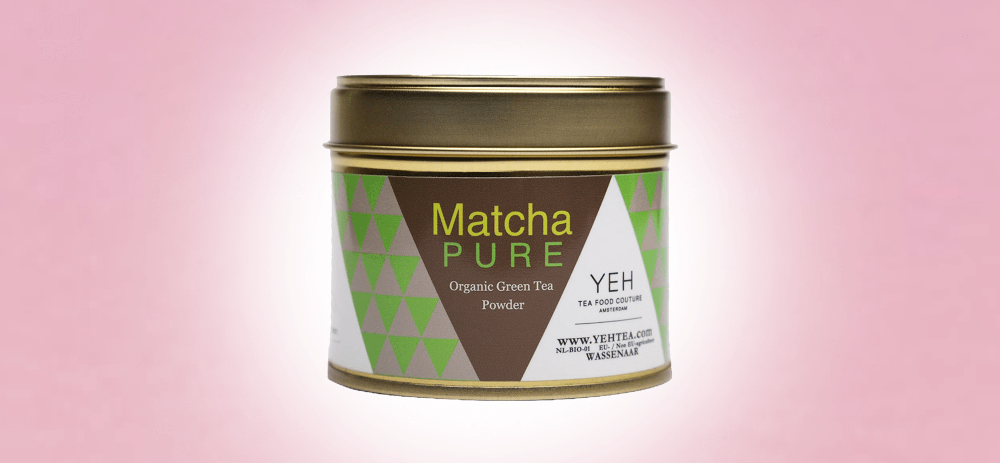 Yeh Tea Matcha Pure tin on a soft pink backdrop.